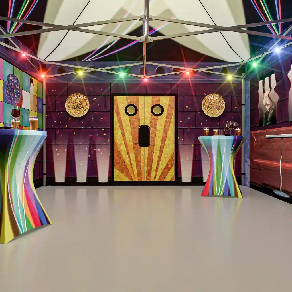 Disco Easy Up thematent met disco-decor voor jouw evenement