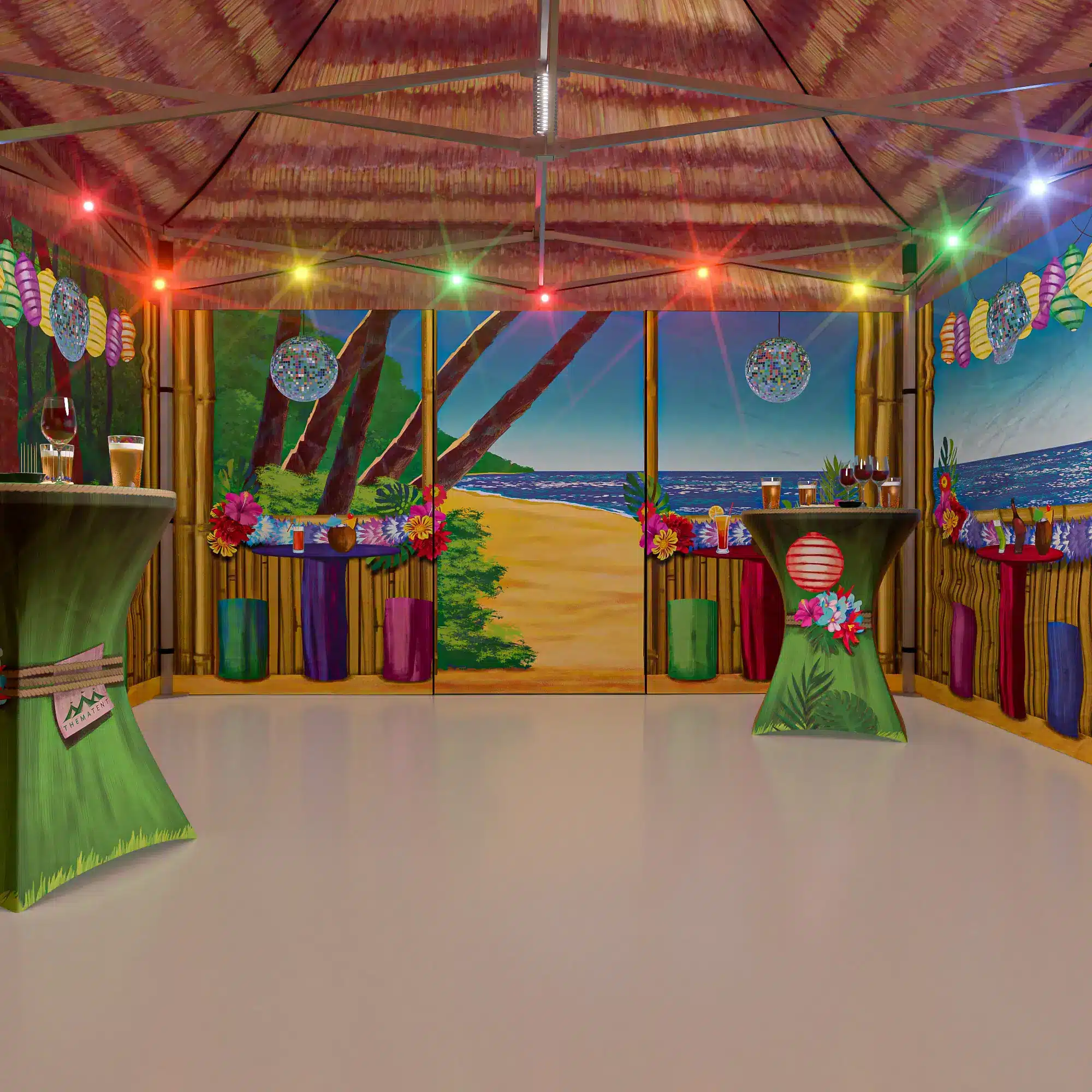 Interieur van de Tropische thematent met sfeerverlichting en beachdecor